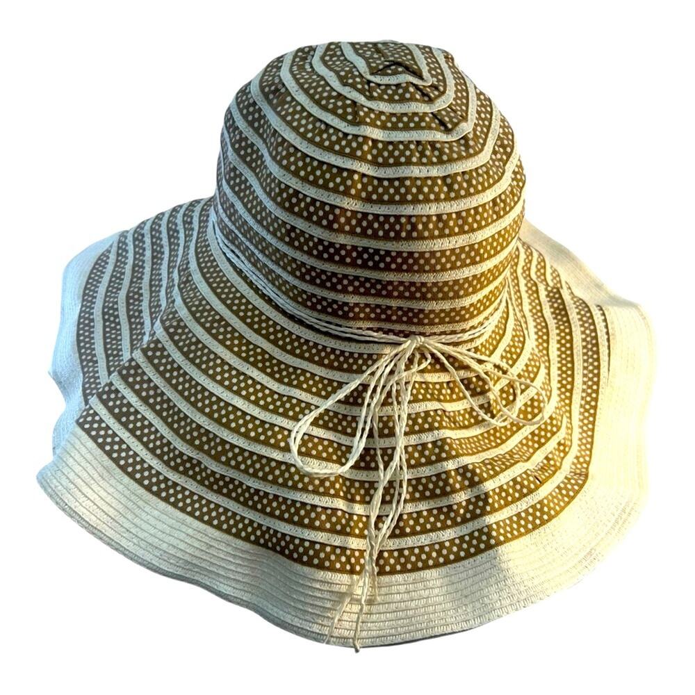 Vintage Fabric Polka Dot Brown Beige Wide-Brimmed SunHat wire edges to adjust OS